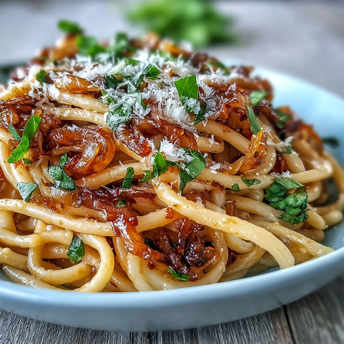 Caramelized Onion Pasta with Chili Oil glows with golden onions and fresh basil garnish, steaming on a rustic plate.