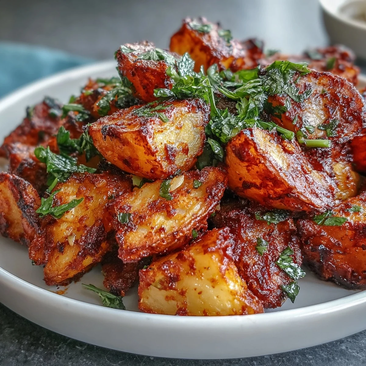 Crispy golden Spicy Mexican-Style Street Potatoes tossed with garlic, lime, and smoky chili spices in a hot skillet.