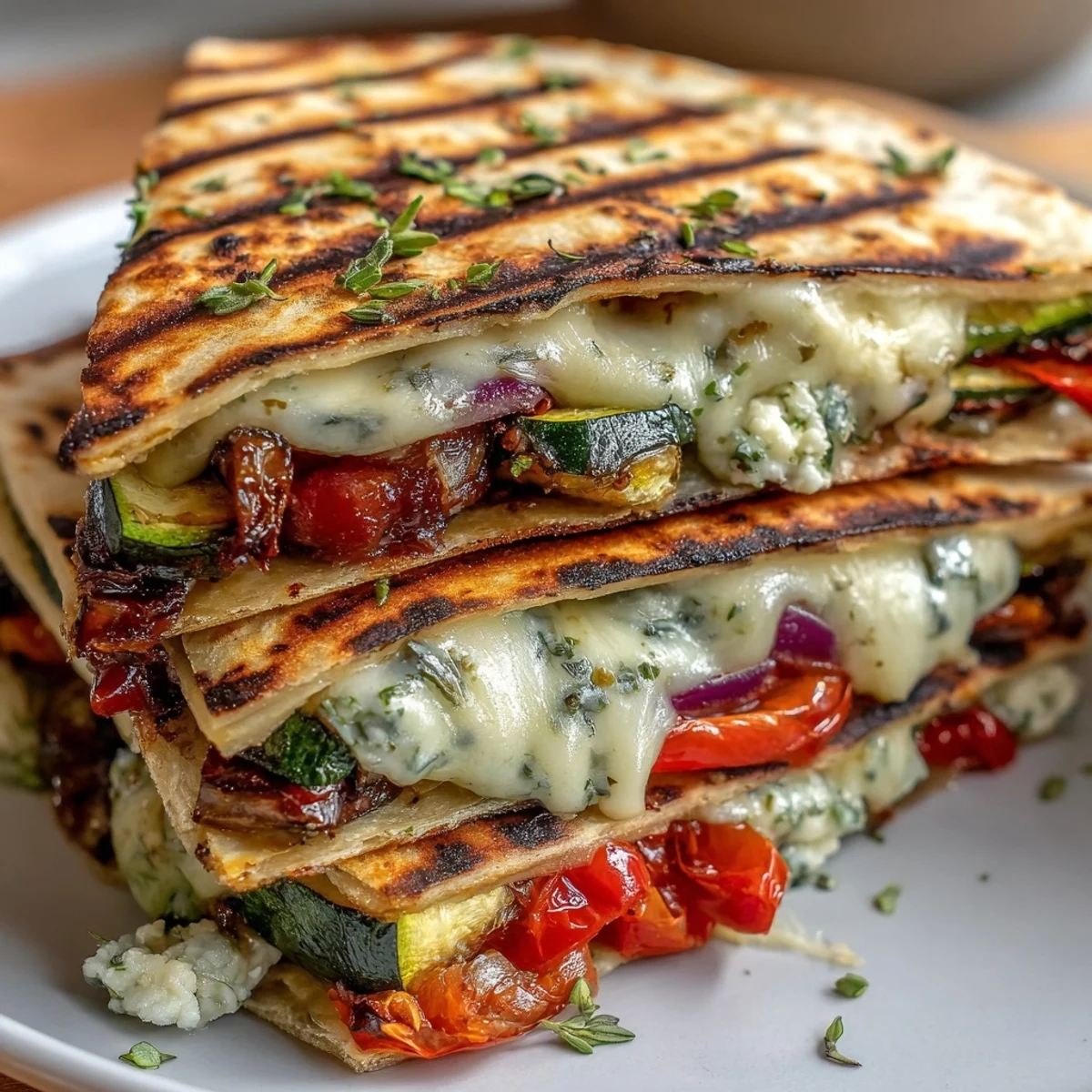A skillet of Mediterranean veggie quesadillas with charred vegetables, wilted spinach, and tangy feta, ready to slice and serve.