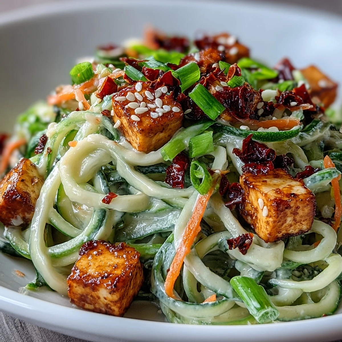 Bright green cucumber noodles tossed in a creamy chili crisp sauce, paired with shredded chicken and fresh cilantro for a colorful, refreshing meal.
