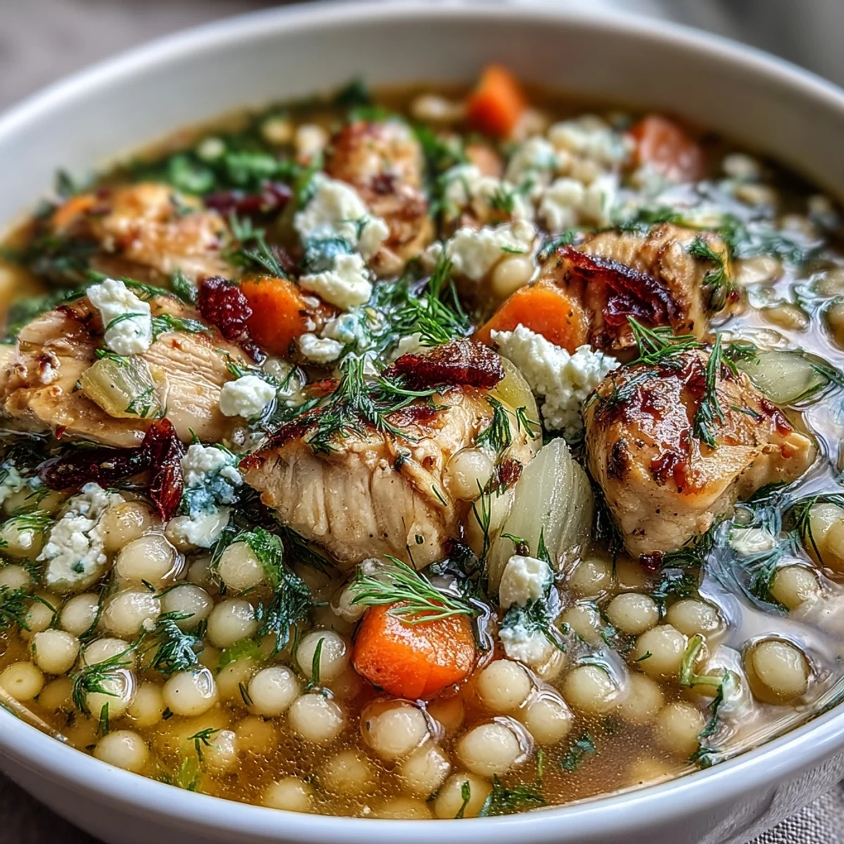 Bright, lemony Greek Chicken & Pearl Couscous Soup garnished with fresh dill and a drizzle of olive oil.