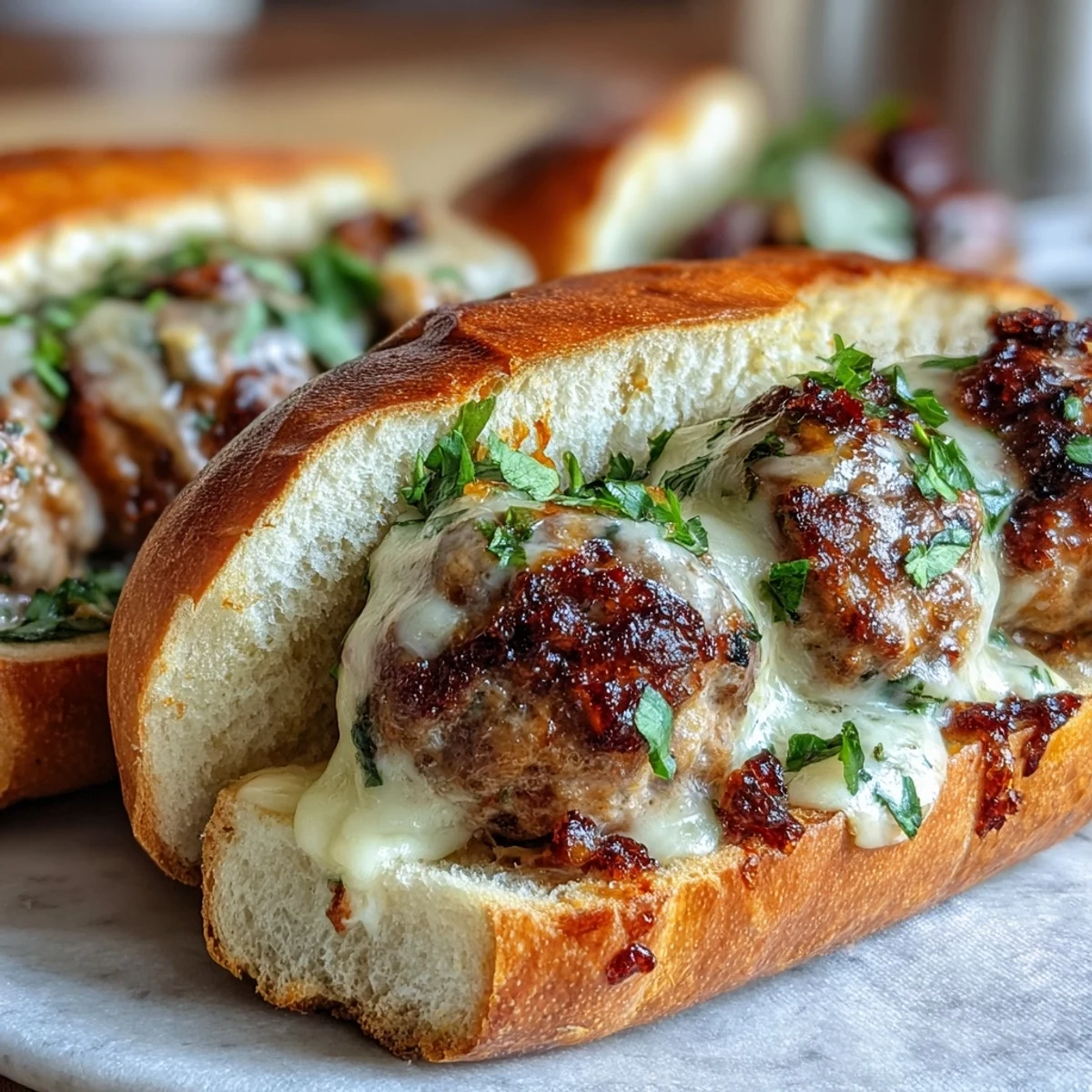 Four golden-baked turkey meatballs in rich garlic-Parmesan cream sauce are loaded into a toasted hoagie roll topped with melted mozzarella.