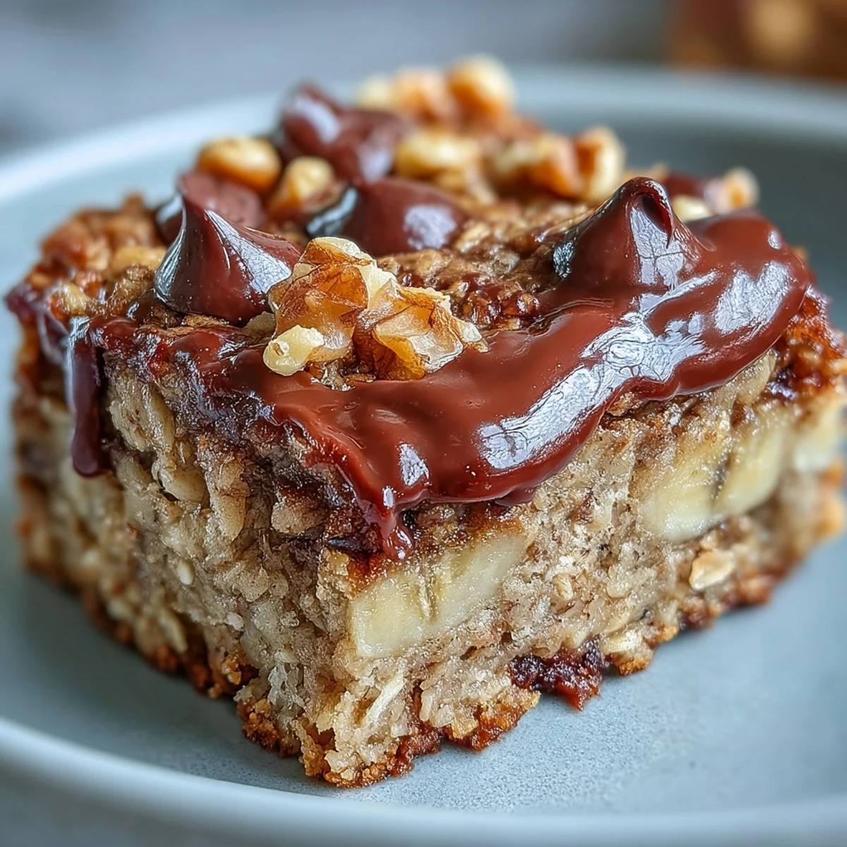 Golden-baked Chunky Monkey Protein Oat Bars studded with chocolate chips and chopped walnuts on a wooden board.