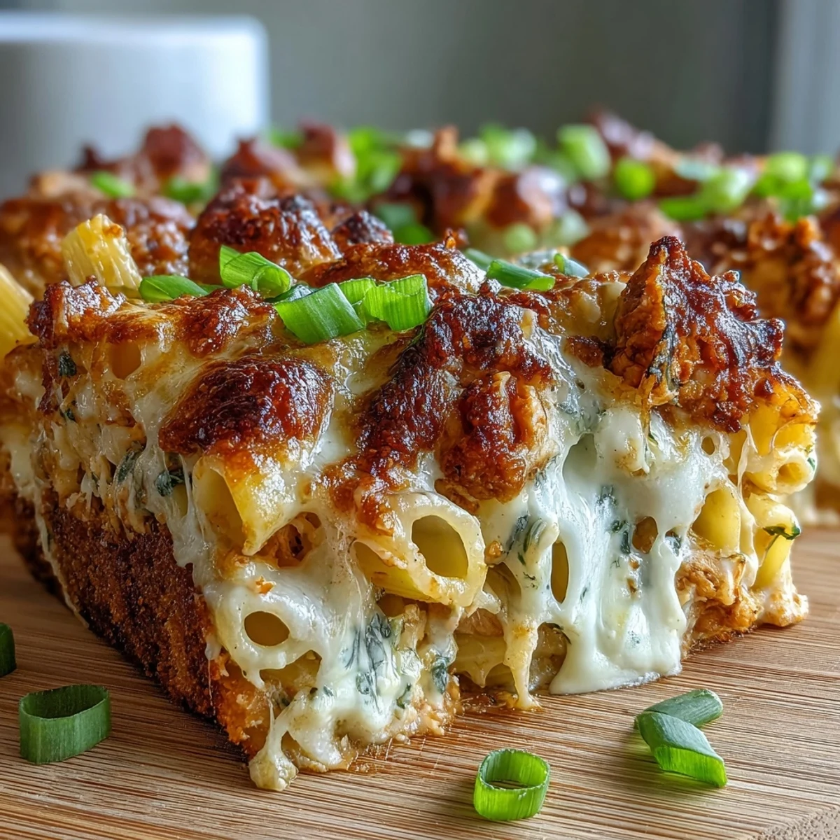 Spoonful of creamy buffalo ranch pasta with tender chicken and melted mozzarella on a dinner plate.