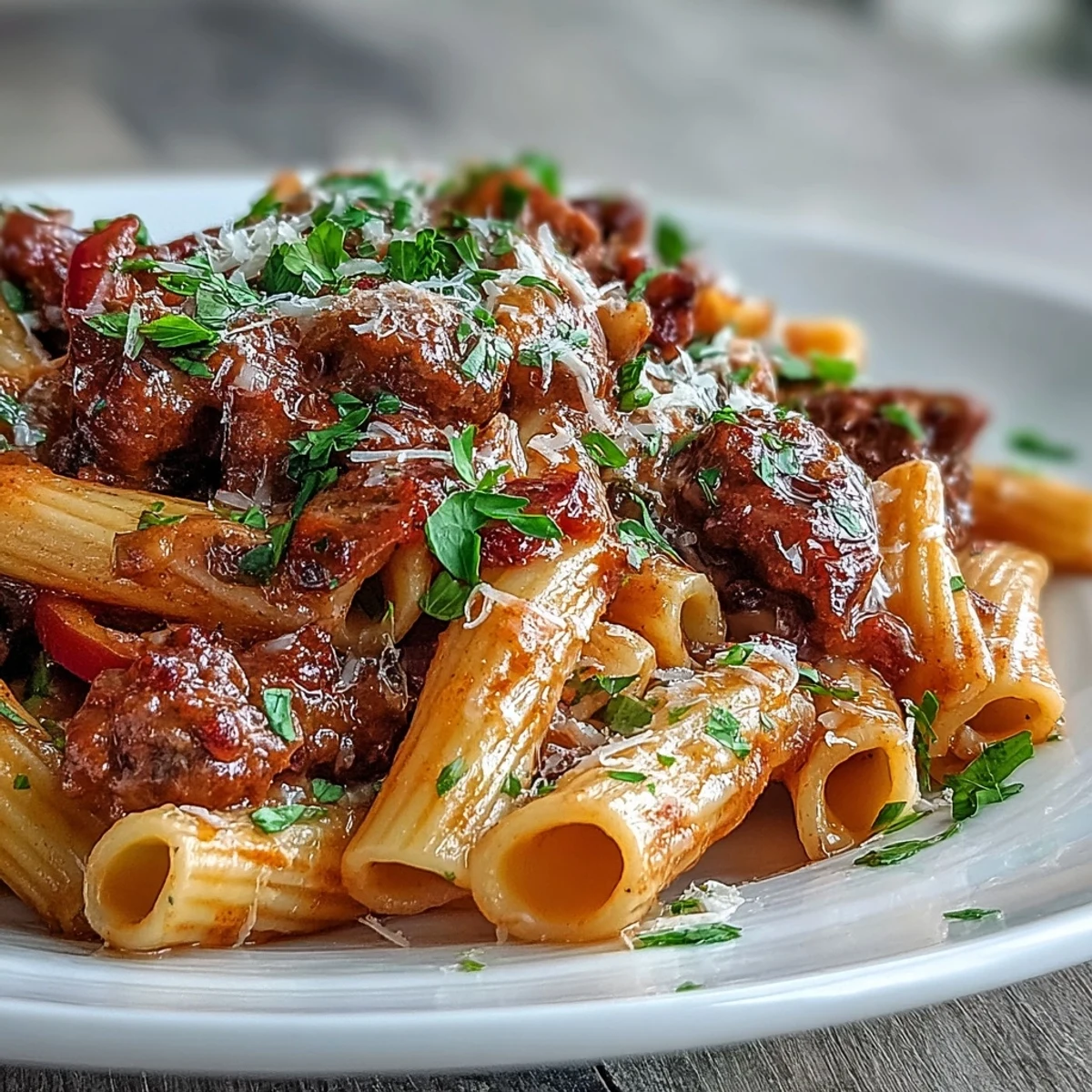 A serving of One-Pot Creamy Red Wine Sausage Pasta topped with fresh basil leaves, ready to be enjoyed.