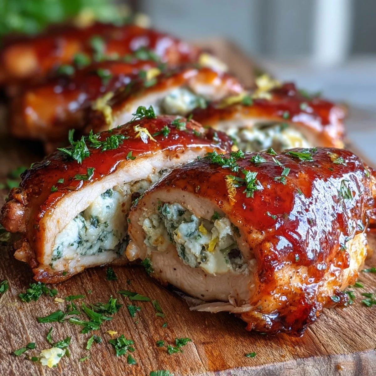 Juicy Hot Honey Ricotta Stuffed Chicken breasts served beside roasted vegetables and fresh herbs.