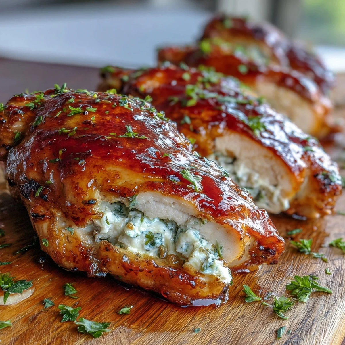 Sliced Hot Honey Ricotta Stuffed Chicken revealing creamy ricotta, basil, and parmesan inside the tender meat.