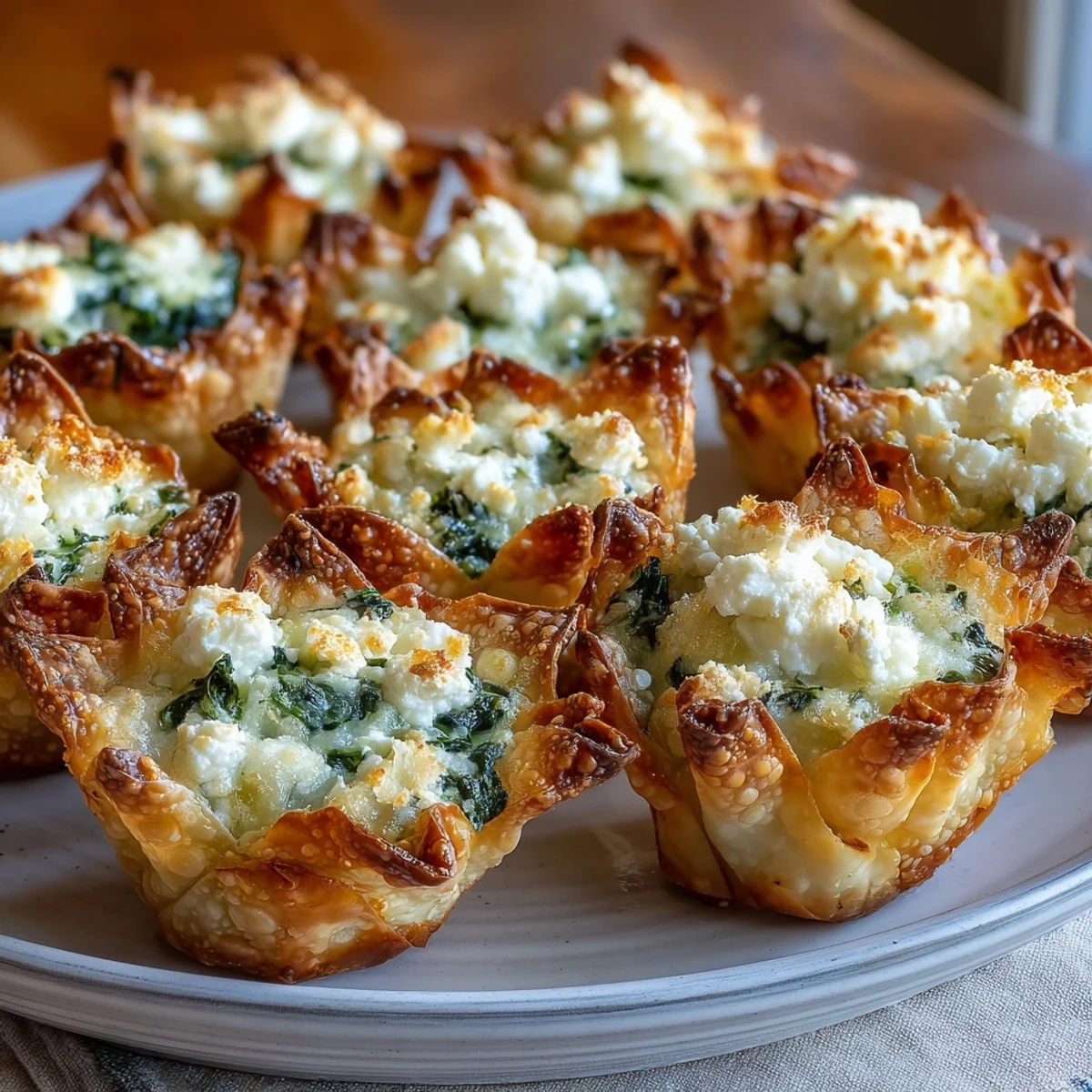 Golden-brown Crispy Spinach Feta Wonton Cups, baked in a mini muffin tin and filled with creamy greens.
