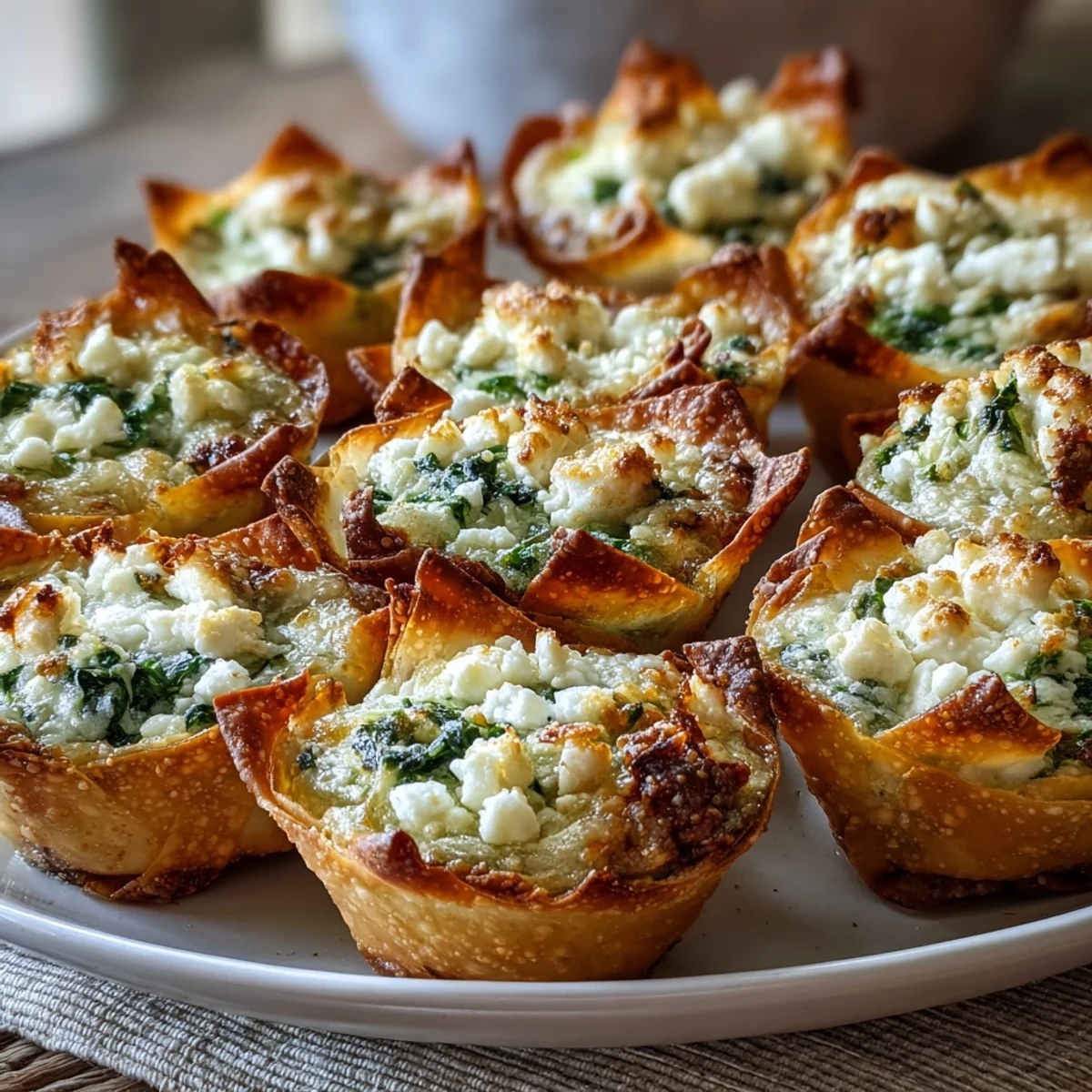 Freshly baked Crispy Spinach Feta Wonton Cups served warm on a rustic platter, ready for a party.