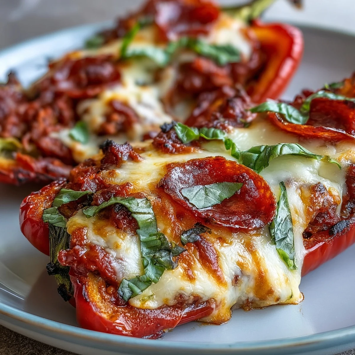 Golden-brown Keto Pizza Stuffed Peppers with melted mozzarella and pepperoni sit in a baking dish, garnished with fresh basil.