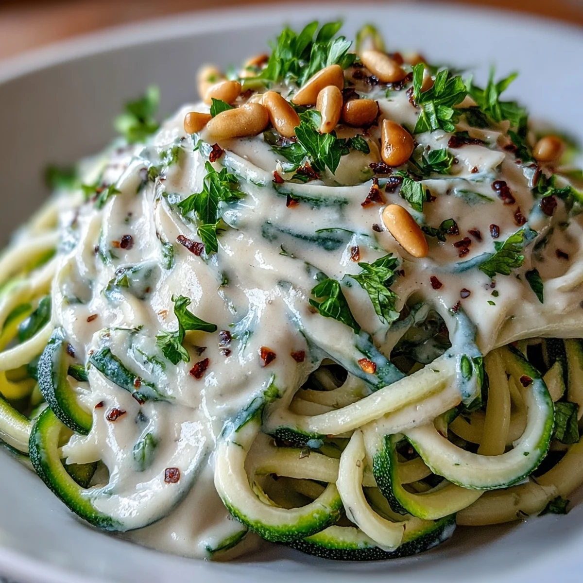 A warm bowl of Vegan Creamy Cashew Alfredo over tender zucchini noodles, served with a glass of crisp white wine for a light dinner.