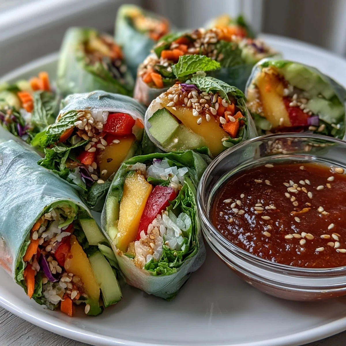 Vegan Mango Avocado Spring Rolls displayed on a white platter with sweet chili dipping sauce, bright herbs, and crisp veggies.