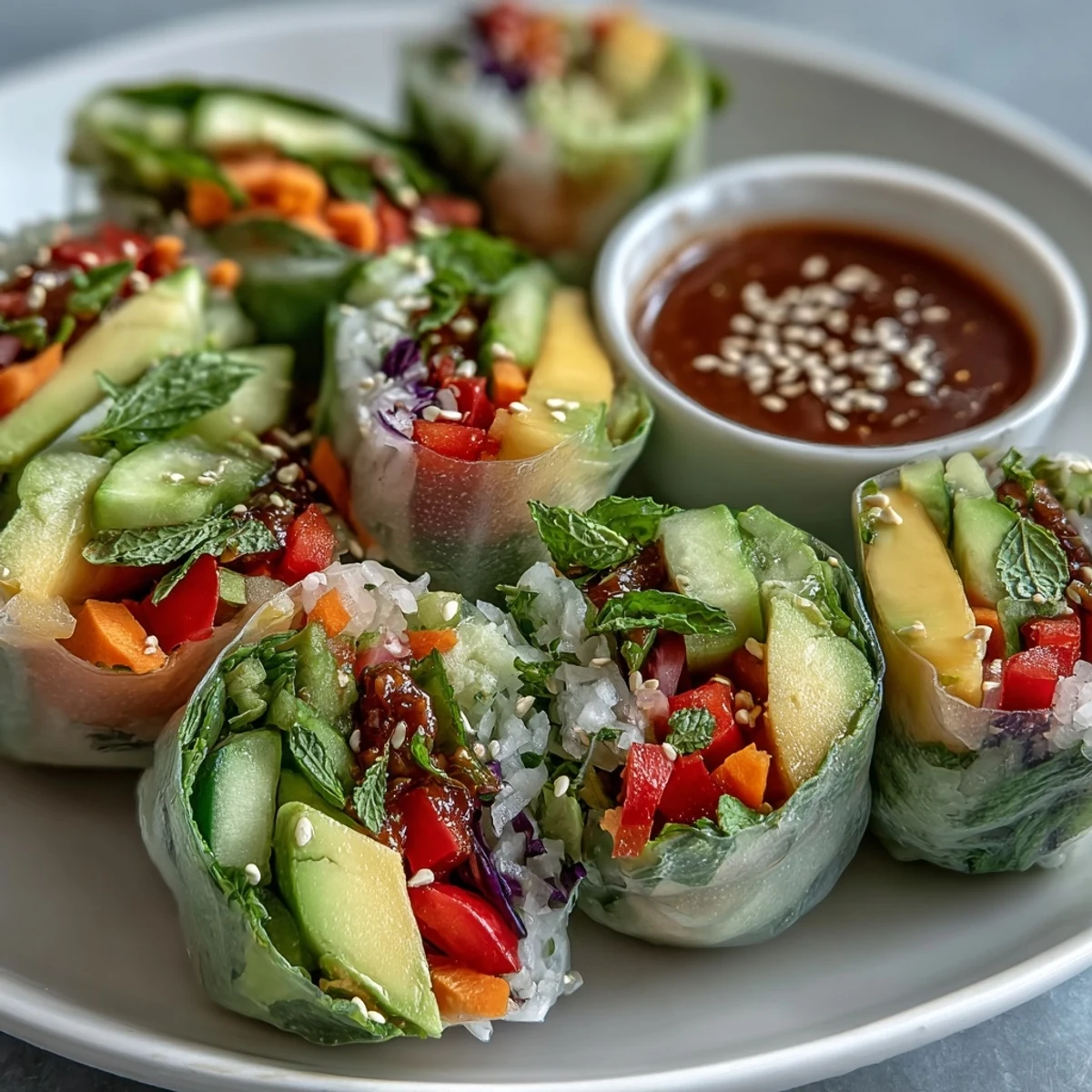 Fresh Vegan Mango Avocado Spring Rolls served on a bamboo board with lime wedges, sesame seeds, and a small bowl of spicy chili sauce.