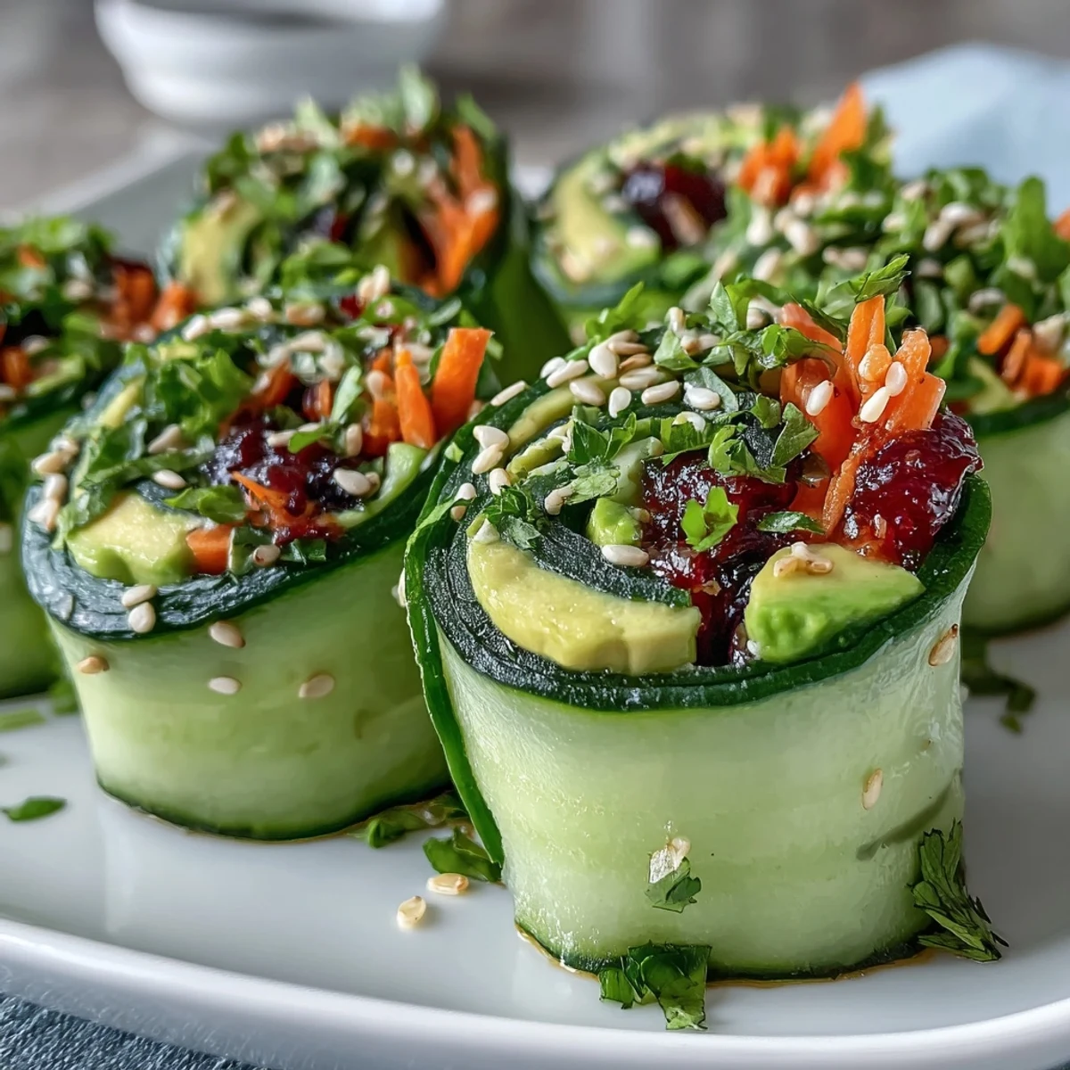 These Light Cucumber Avocado Rolls with Sesame are arranged on a white plate with a small bowl of dipping sauce and fresh cilantro. The vibrant green rolls look crisp and refreshing, perfect for a healthy snack or appetizer. 