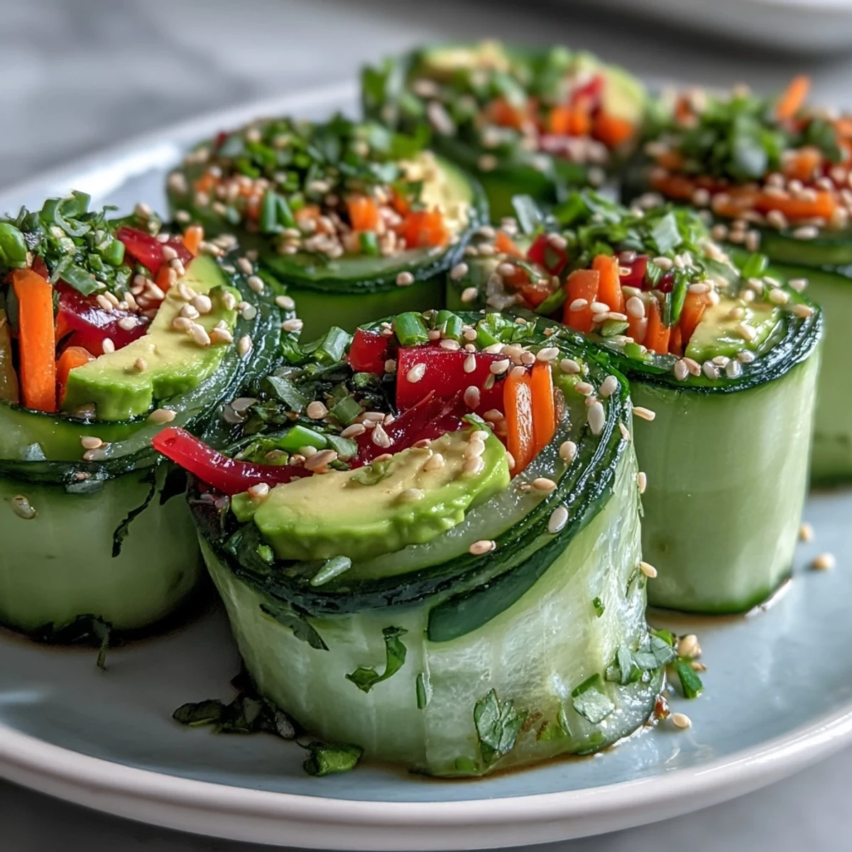 Close-up shot of Light Cucumber Avocado Rolls with Sesame, showcasing the detailed texture of the vegetable strips and toasted sesame seeds. A small dipping sauce bowl sits in the background, inviting you to enjoy this Japanese-inspired fusion snack.