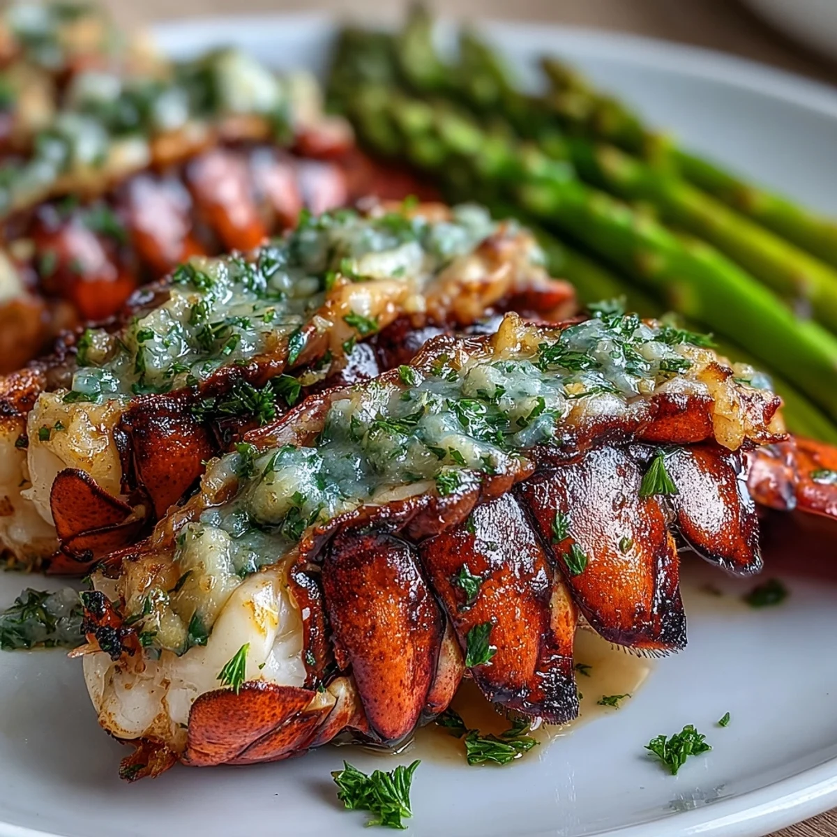 Golden-brown Keto Garlic Butter Lobster Tails with Asparagus garnished with fresh parsley and lemon wedges on a baking sheet.