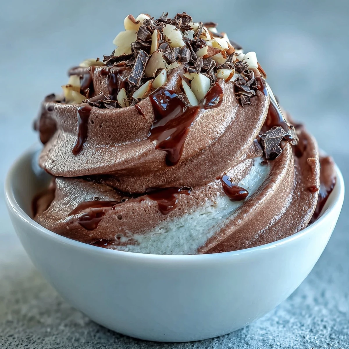 Creamy Vegan Chocolate Banana Nice Cream in a white bowl is topped with almond butter swirls, dark chocolate shavings, and sliced fresh banana.