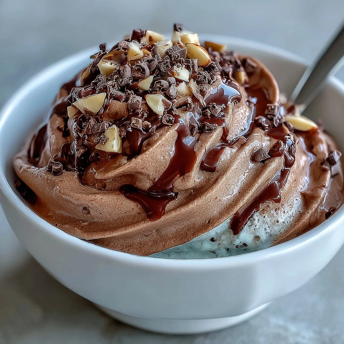 Freshly blended Vegan Chocolate Banana Nice Cream is served as a soft-serve dessert with chopped toasted almonds and a drizzle of almond butter.