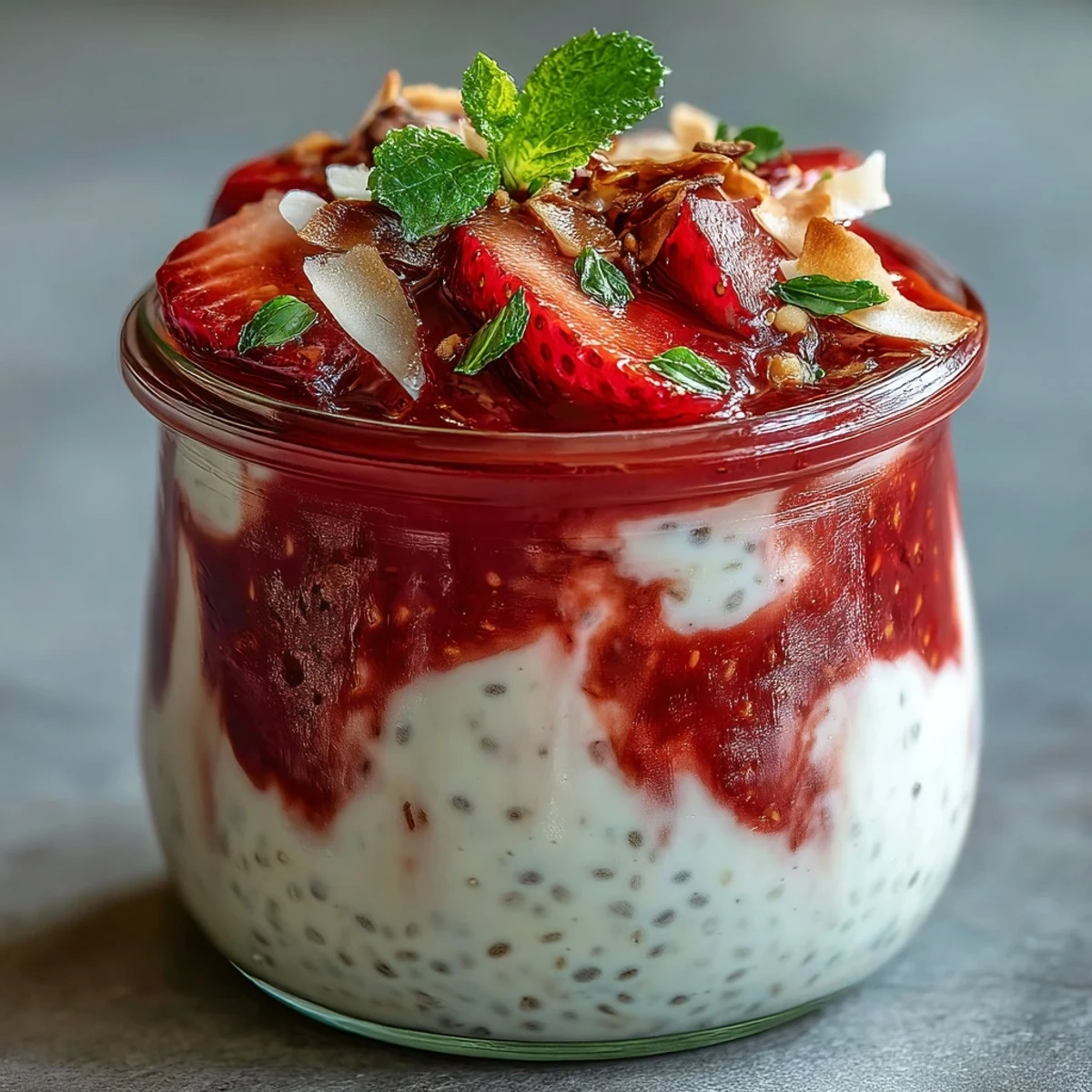 Healthy vegan Strawberry Chia Seed Pudding garnished with sliced berries and coconut, a light, refreshing snack.