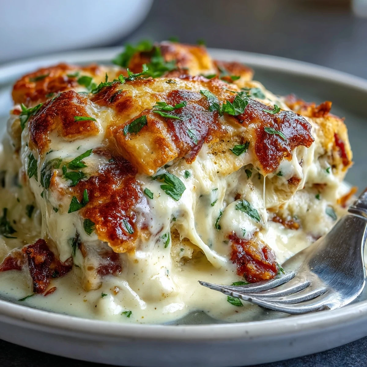 Golden, bubbly Keto Chicken Cordon Bleu Casserole emerges from the oven, featuring tender chicken, diced ham, and melted Swiss cheese in a creamy mustard sauce.