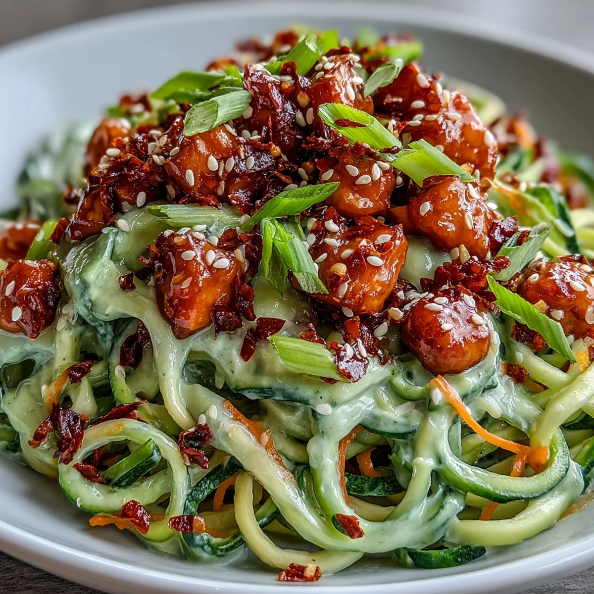 TikTok-Style Chili Crisp Cucumber Noodle Bowls feature spiralized cucumbers, creamy dressing, and golden tofu garnished with sesame seeds and lime wedges.