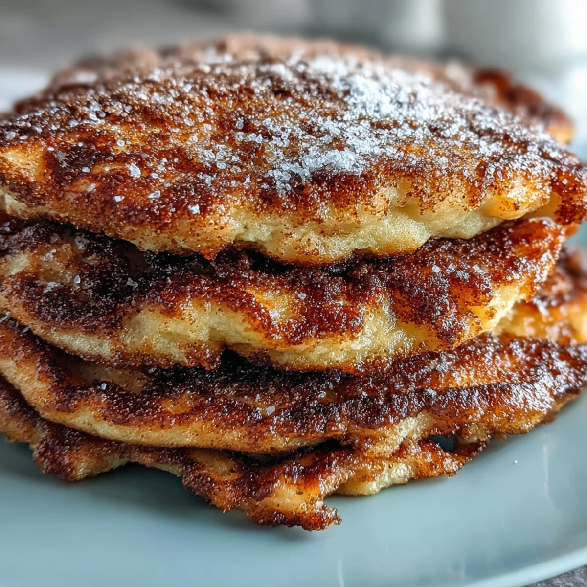 Golden-brown Spanish Churro-Inspired Pancakes with crispy edges and a dusting of cinnamon sugar.