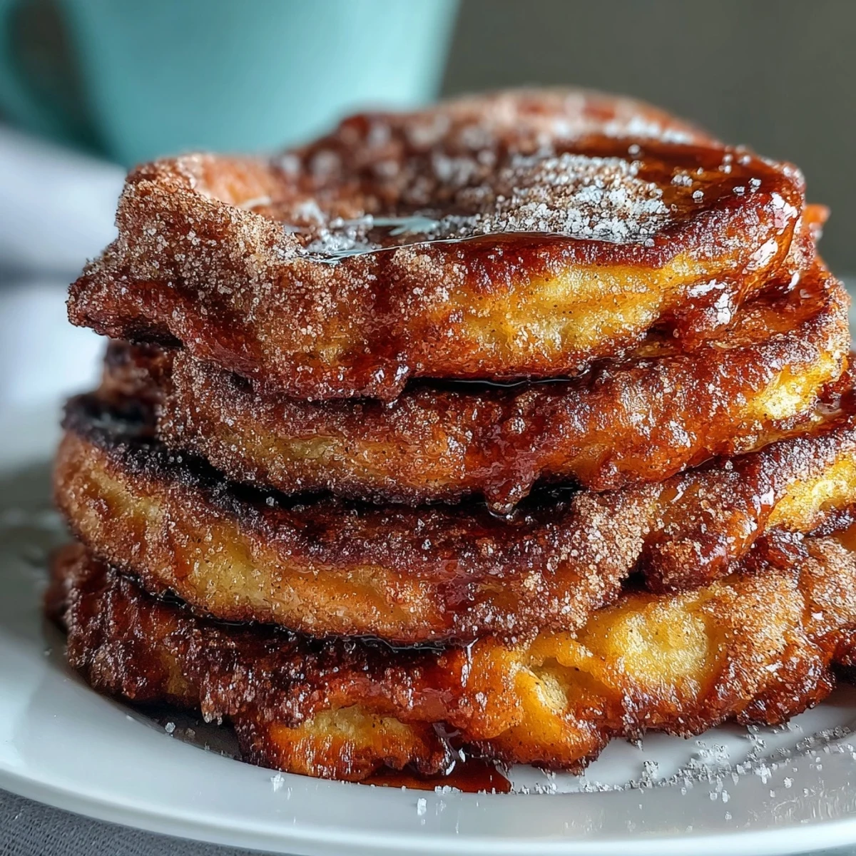 A stack of fluffy Spanish Churro-Inspired Pancakes served on a plate with a drizzle of warm chocolate sauce.