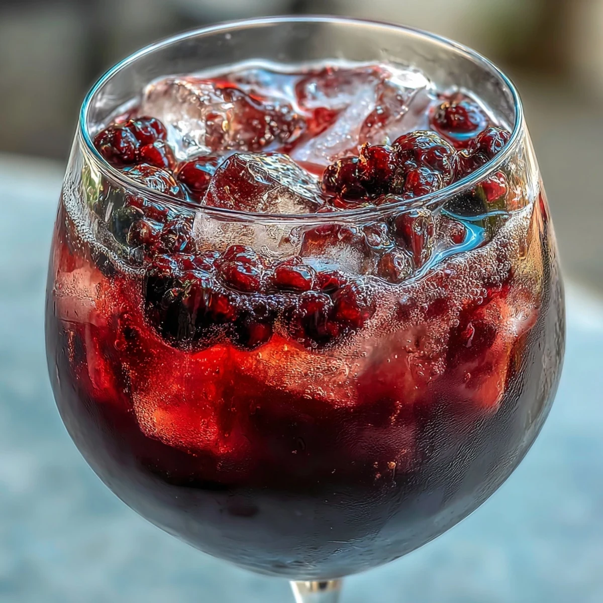 A vibrant black currant and cassis cocktail with chilled white wine, garnished with fresh blackcurrants for a refreshing aperitif.