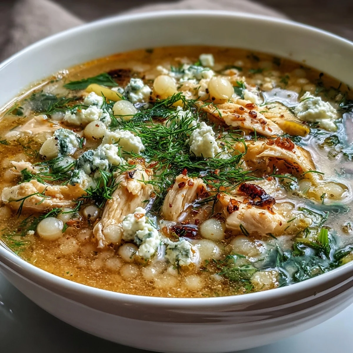 A steaming bowl of Greek Chicken & Pearl Couscous Soup garnished with crumbled feta and fresh dill.  