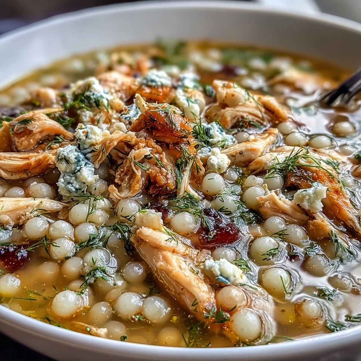A comforting Greek soup with chicken, pearl couscous, and bright lemon, finished with fresh herbs and feta.