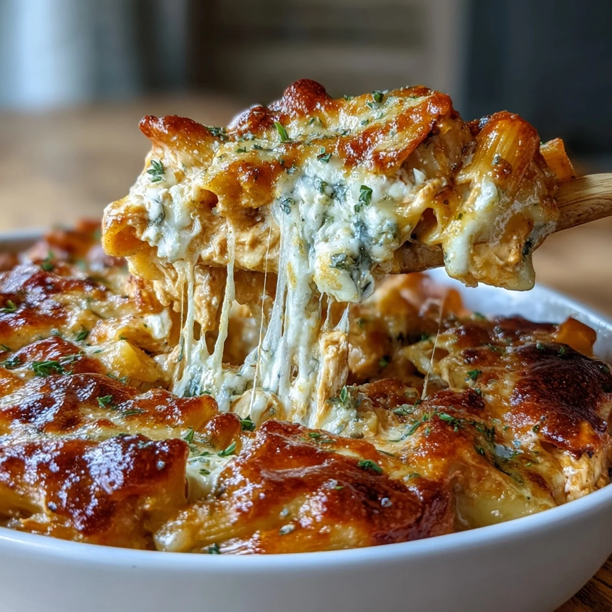 Golden-baked Creamy Buffalo Ranch Chicken Pasta Bake featuring shredded chicken, ranch seasoning, and a rich buffalo cream sauce in a bubbling casserole.