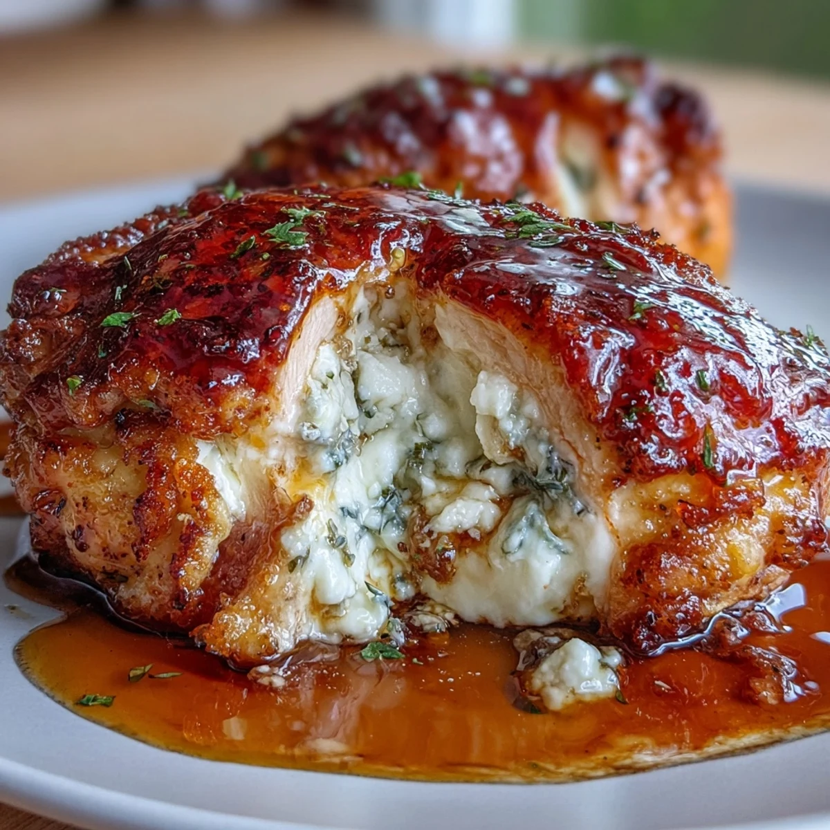 Juicy chicken breasts stuffed with creamy ricotta and herbs, oven-roasted and drizzled with sweet-spicy hot honey glaze.  