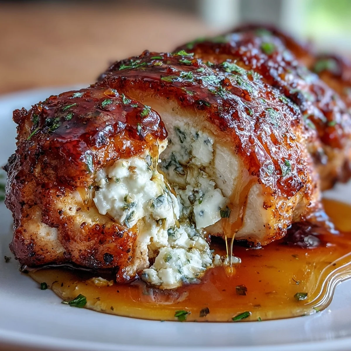 Golden-brown stuffed chicken breasts oozing with herbed ricotta, topped with a luscious hot honey glaze for a sweet-spicy finish.