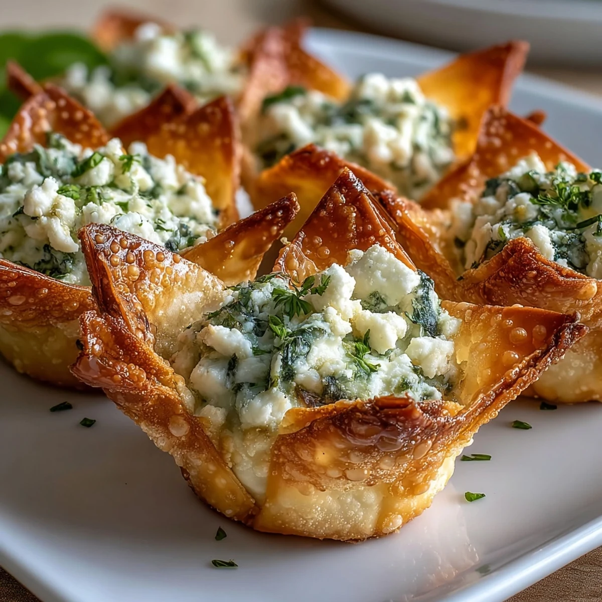 Golden baked wonton cups holding a rich spinach and feta filling, garnished with fresh dill for a flavorful appetizer.  