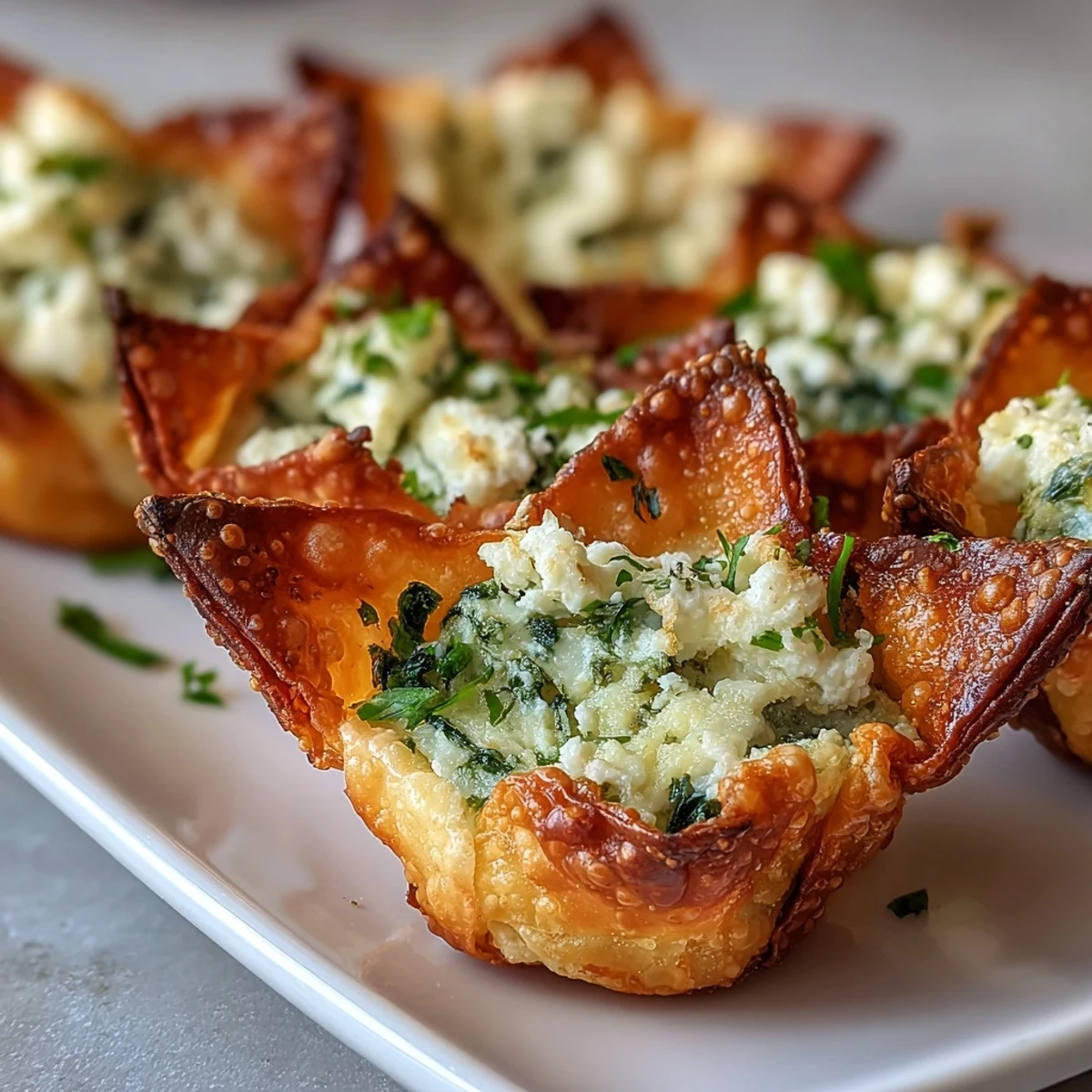 Bite-sized crispy wonton cups with a warm spinach and feta cheese mixture, perfect for elegant party platters.