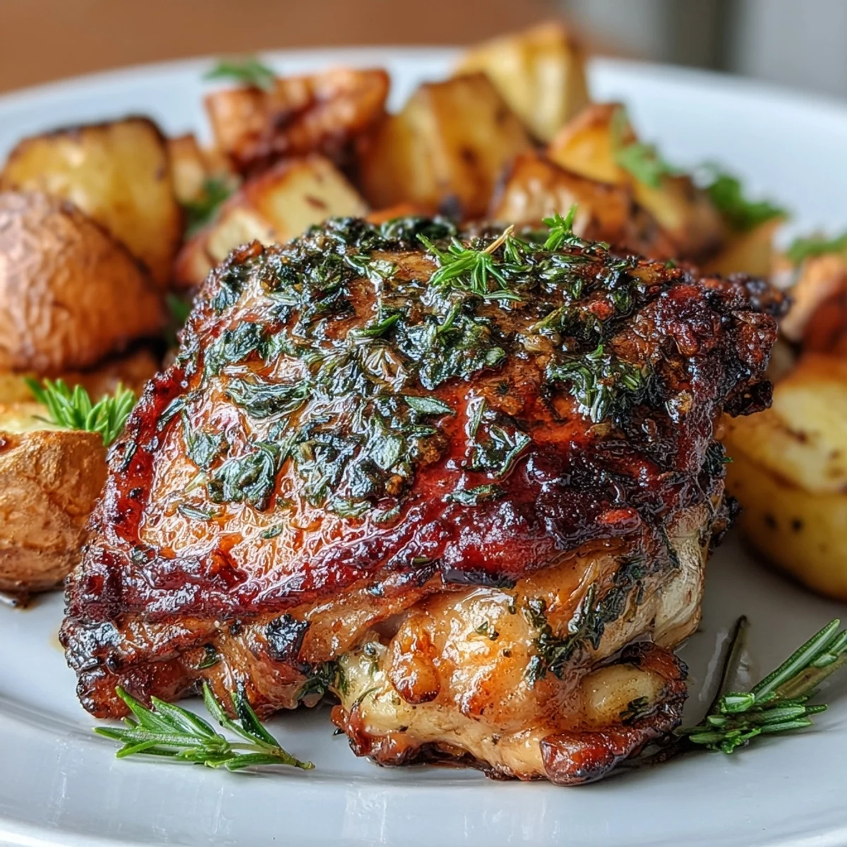 Herb roasted chicken thighs with carrots and potatoes, golden and crispy, served on a rustic sheet pan with fresh parsley garnish.