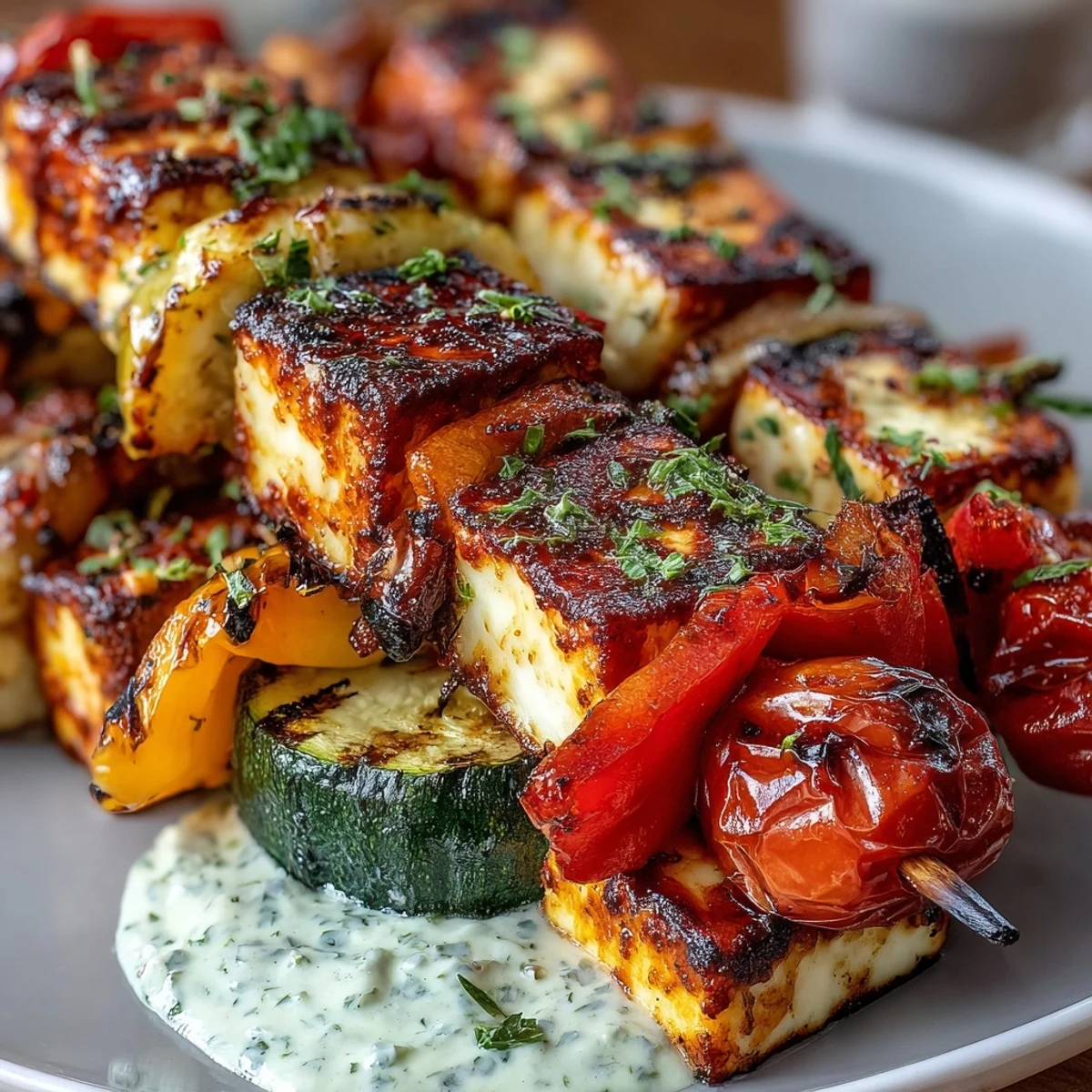 Grilled veggie and halloumi skewers with herb yogurt sauce, featuring colorful peppers, zucchini, and golden cheese.