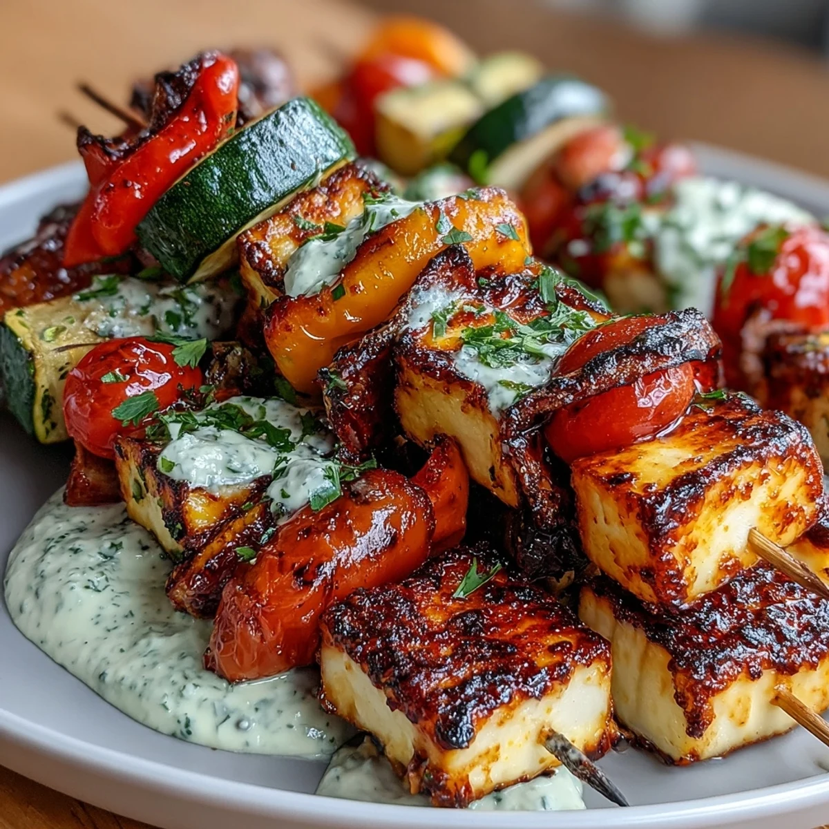 Mediterranean-inspired grilled veggie and halloumi skewers served with a fresh, herby yogurt sauce for a vibrant summer meal.