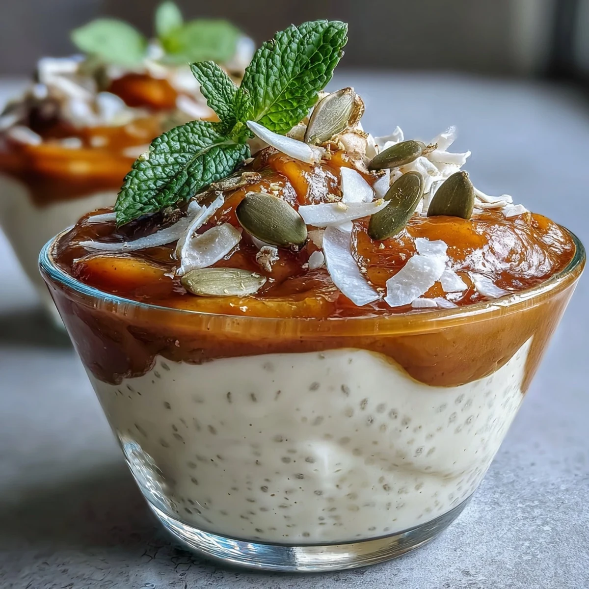 Slim Mango Coconut Chia Pudding Breakfast Cups in glass jars with creamy coconut chia pudding and vibrant mango purée layers, topped with shredded coconut and fresh mint.