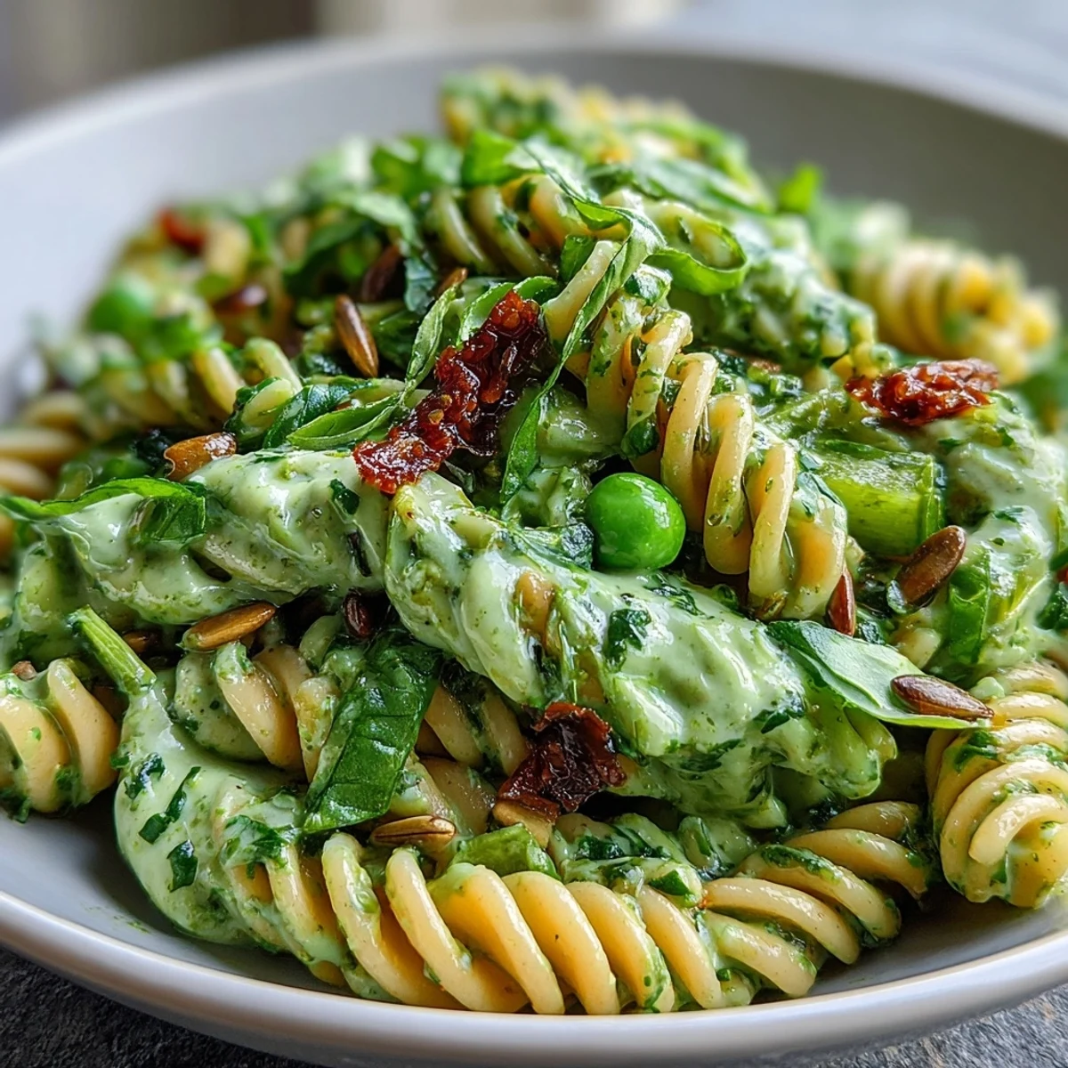 Refreshing green goddess pasta salad with al dente noodles, crisp cucumbers, and peas tossed in herby vegan dressing.  