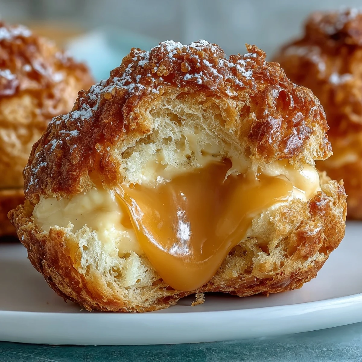Golden mango pastry cream puffs filled with tropical mango-infused custard and dusted with powdered sugar, perfect for dessert lovers.