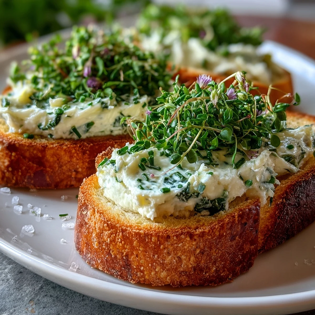 Creamy herb cheese spread on crispy crostini topped with fresh dill, parsley, and edible flowers for a stunning appetizer display.