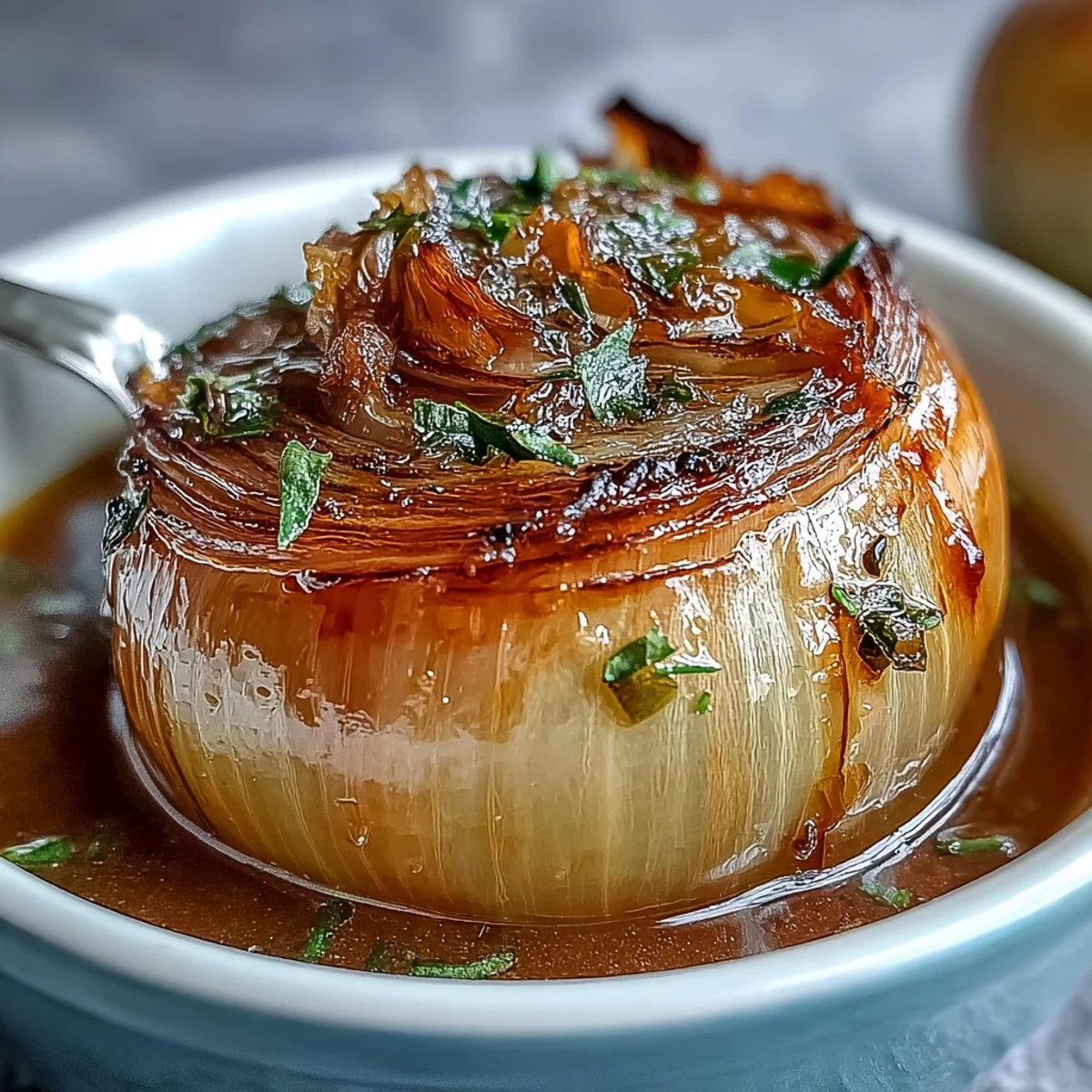 Whole onions poached in a savory, herb-infused broth with garlic and smoked paprika, perfect for an ASMR eating experience.