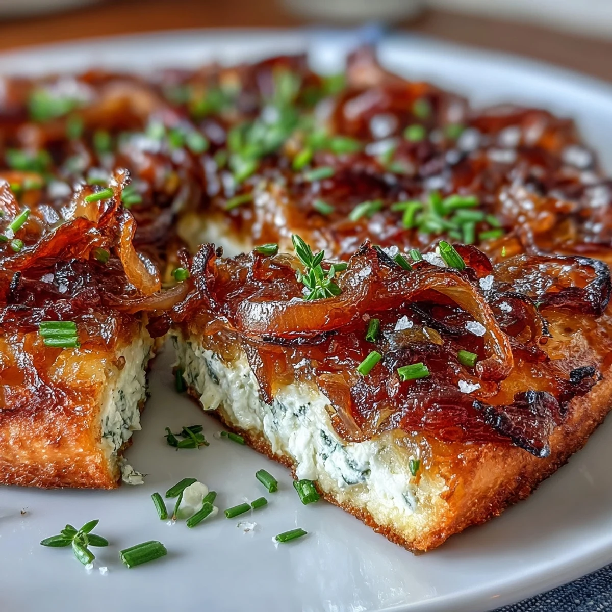 Silky golden caramelized onions folded into smooth, salted butter on a wooden board, topped with fresh chives and paired with baguette slices for dipping.