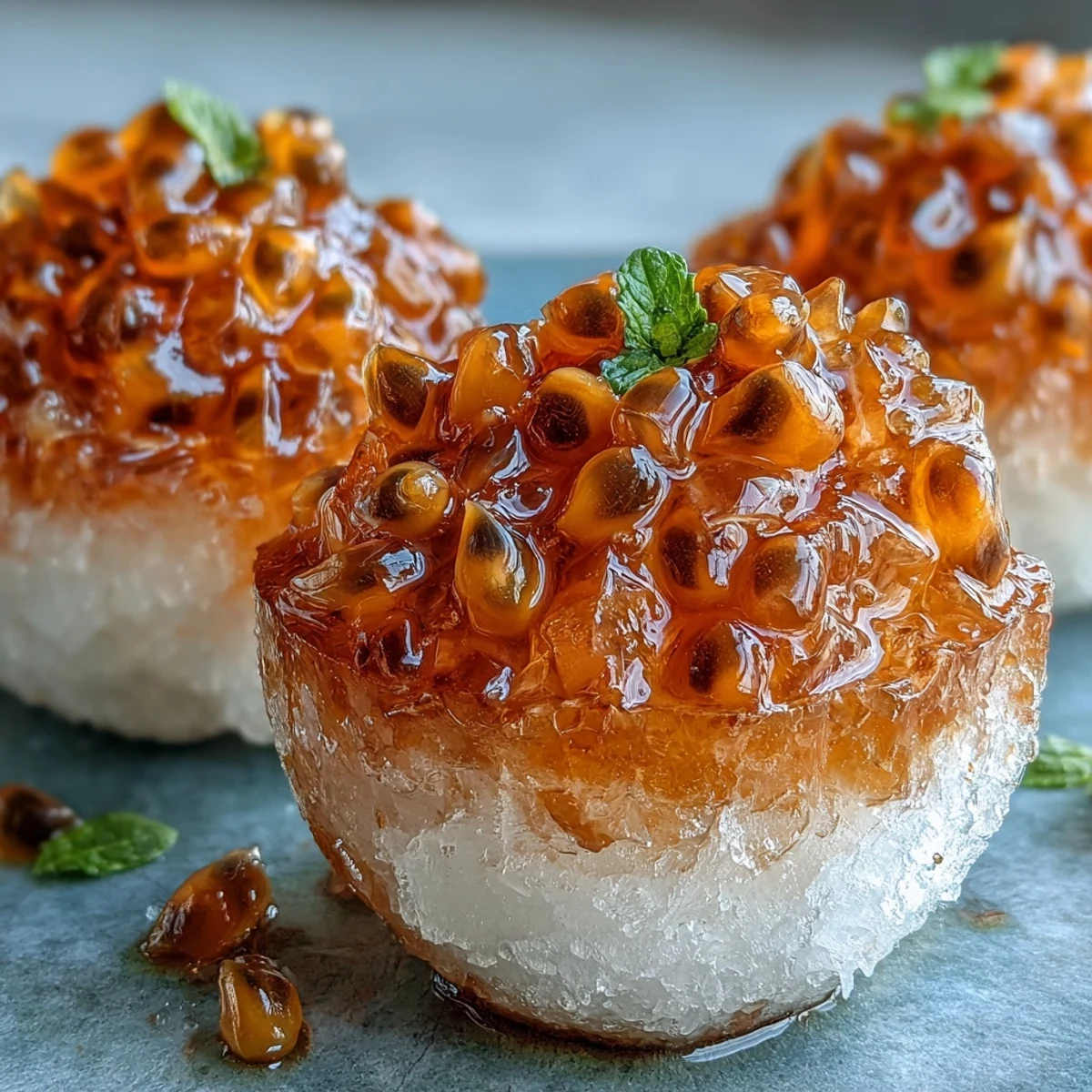 A refreshing passionfruit granita with tangy citrus and crystalline texture, perfect for cooling off on hot summer days.