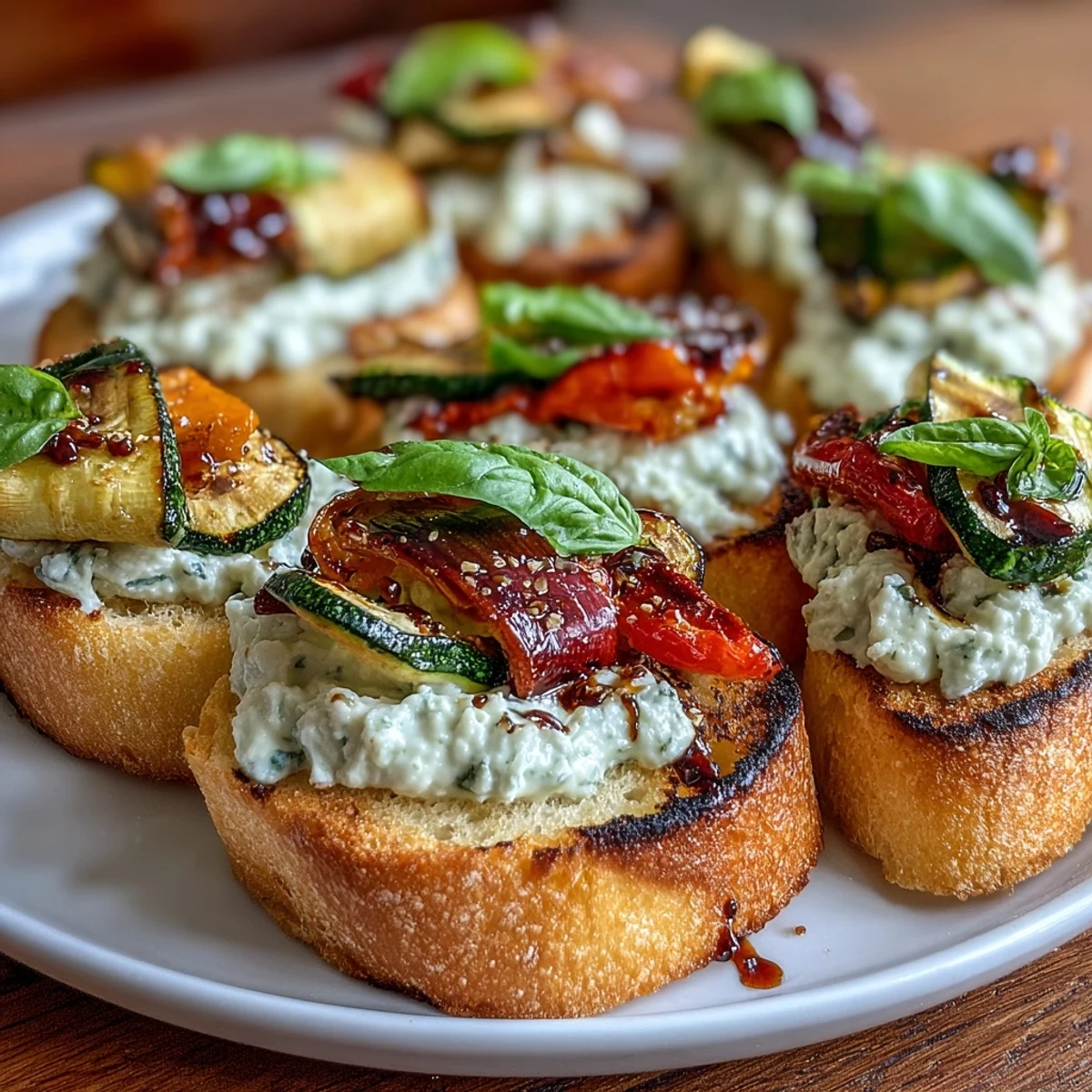 Golden crostini layered with roasted cherry tomatoes, red onion, and fresh basil, finished with a balsamic drizzle.  