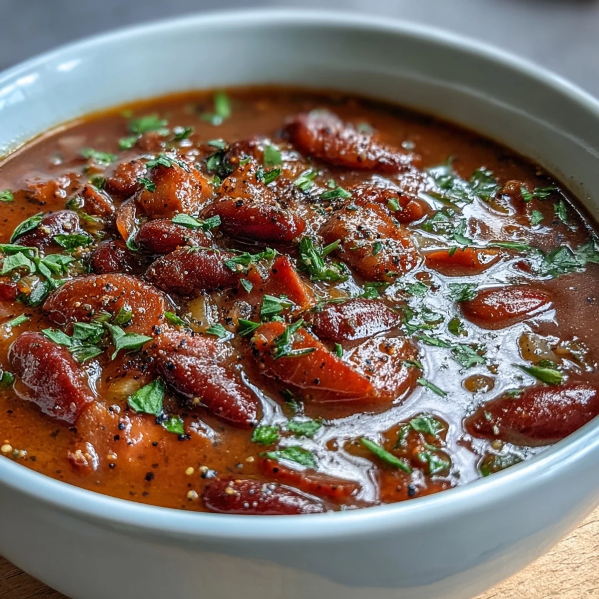 Homemade ham and red bean soup served hot over rice with sliced green onions for garnish.