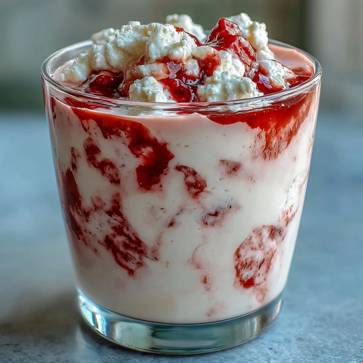 A creamy, high-protein smoothie blending cottage cheese and fresh strawberries for a refreshing breakfast or snack.