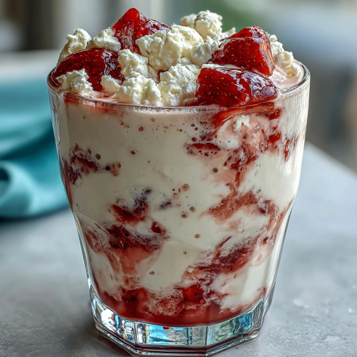 Wholesome cottage cheese and ripe strawberries combine in this protein-rich smoothie, perfect for a quick and nutritious meal.