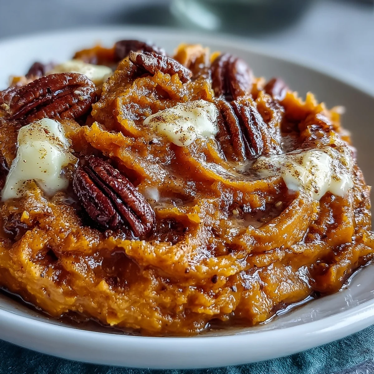 A creamy bowl of candied yams mashed with butter, cinnamon, and brown sugar, garnished with chopped pecans and a sprinkle of spice.